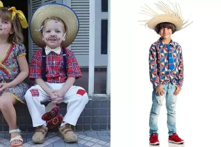 Foto de roupas simples para festa junina crianças meninos, com chapéu de palha, gravata e blusa xadrez