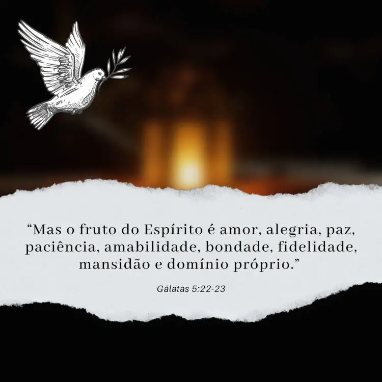 Foto desfocada com desenho de pomba branca com ramo e papel rasgado com frase: “Mas o fruto do Espírito é amor, alegria, paz, paciência, amabilidade, bondade, fidelidade, mansidão e domínio próprio.” (Gálatas 5:22-23)