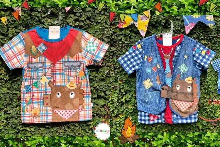2 camisetas para meninos com estampas xadrez e desenhos juninos