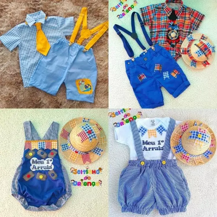 4 fotos de roupas de bebês meninos para festa, com diferentes cores, mas seguindo a ideia de xadrez e chapéu de palha
