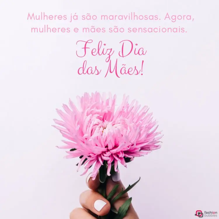 Card com fundo branco, mão de pele clara segurando flor rosa e frase "Mulheres já são maravilhosas. Agora, mulheres e mães são sensacionais. Feliz Dia das Mães!"