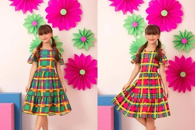 Fotos de meninas usando vestidos com estampa xadrez coloridas