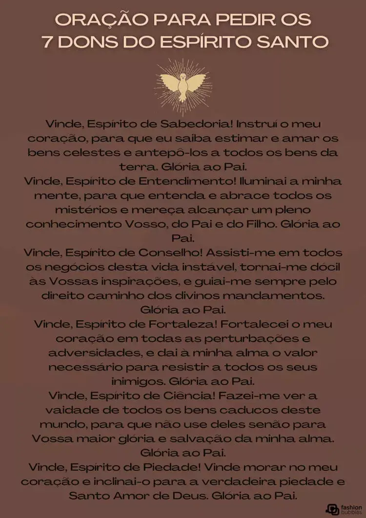 Cartão virtual de fundo marrom e oração para pedir os 7 dons