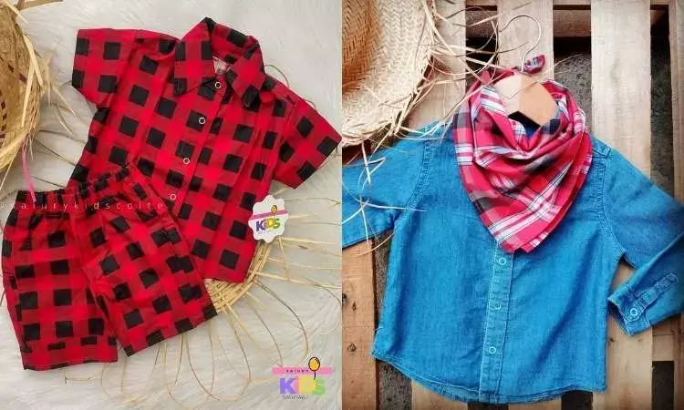 Foto de roupas modernas para festa junina, com conjunto xadrez vermelho e camisa jeans com lenço xadrez vermelho