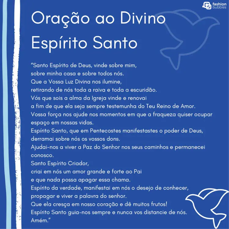 Oração do Cartão virtual azul com contornos de pomba da paz e oração ao Divino Espírito Santo