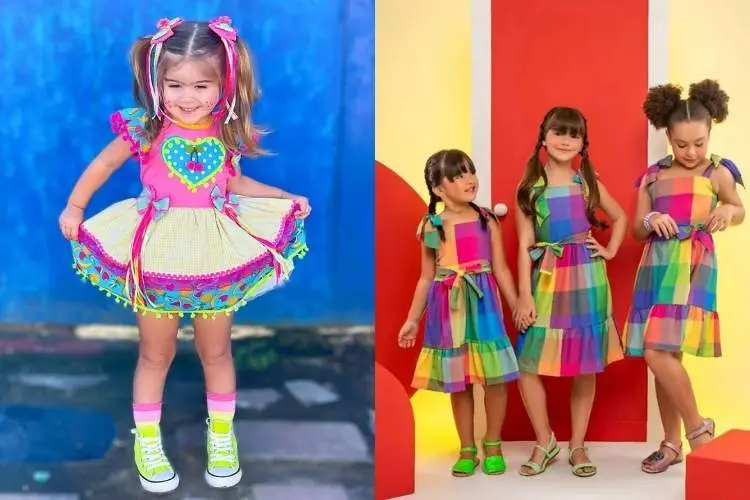 Montagem de duas fotos: menina usando vestido com laços, babados e fitas e outra foto com três meninas usando vestido xadrez colorido moderno