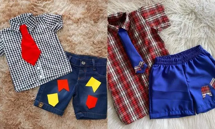 Foto roupas modernas para festa junina: camisa xadrez preta e branca com gravata vermelha e bermuda com bandeirinhas ou camisa xadrez vermelha e branca com gravata azul e shorts azul com bandeirinha