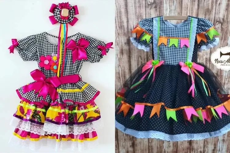 Vestidos para festa junina: um xadrez branco e preto com laços rosas e outro xadrez branco e preto com poás e bandeirinhas coloridas