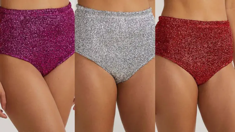 Montagem com 3 fotos de pessoa de pele clara vestido hot pants de lurex, em rosa, prata e vermelho