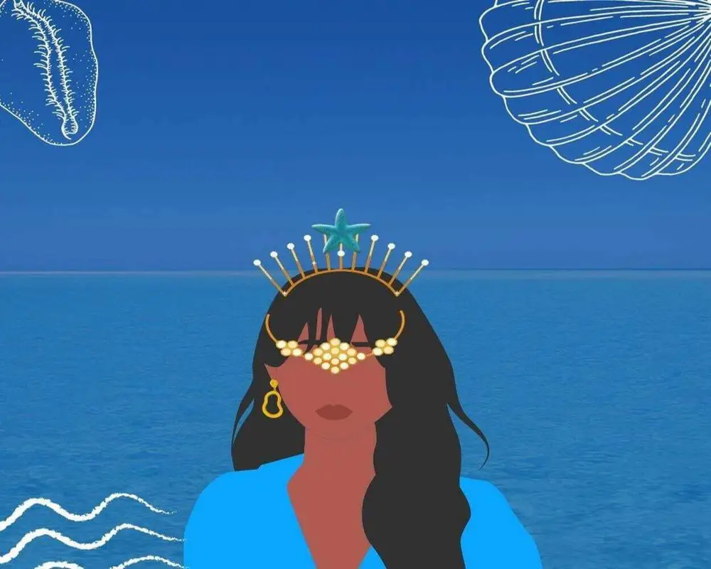Ilustração de fundo de mar, desenho de Iemanjá e de conchas