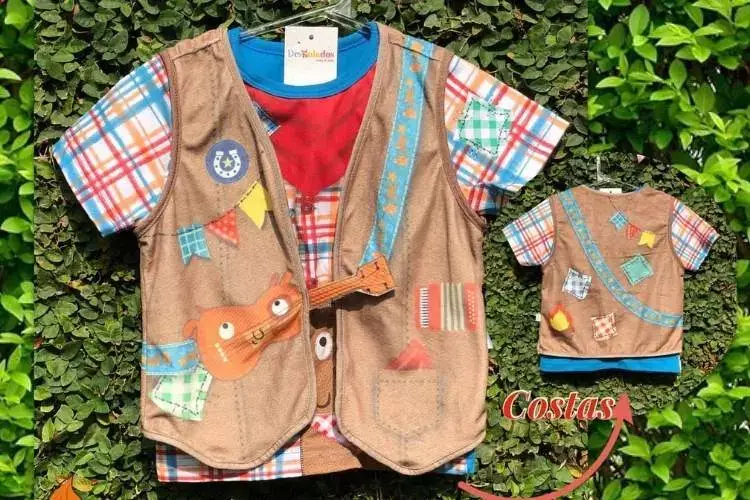 Camiseta para meninos com estampas xadrez e desenhos juninos