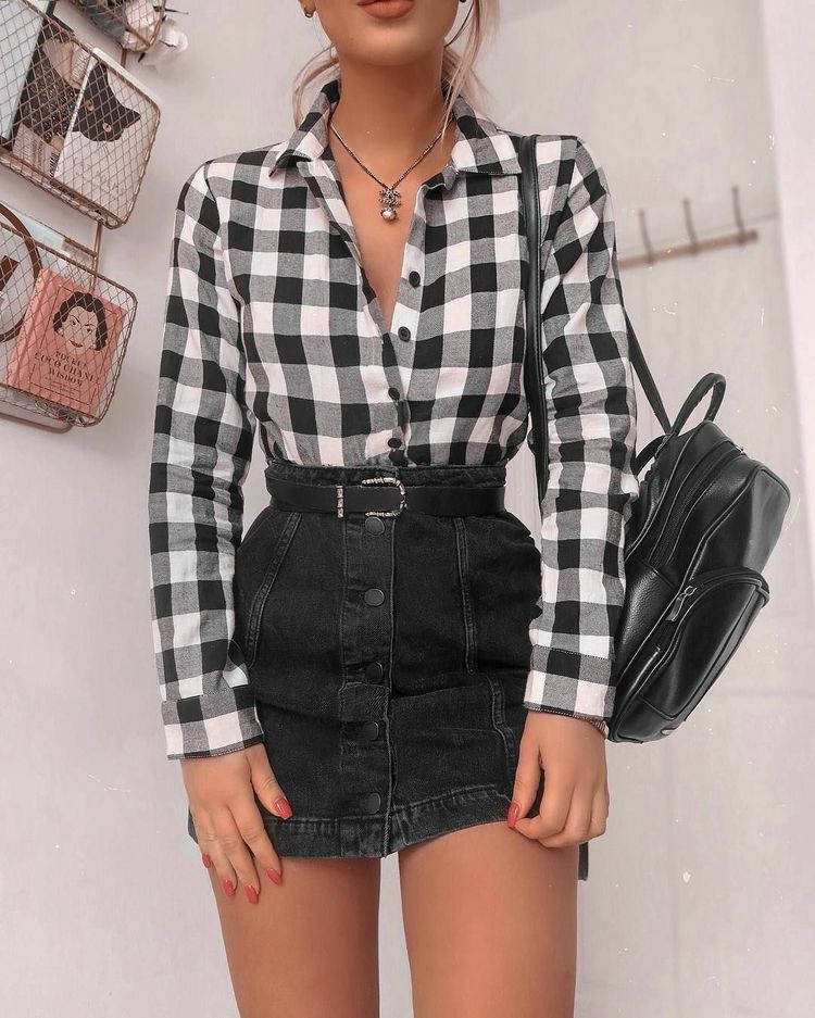 Look de São João comc amisa xadrez e saia jeans