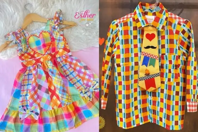 Foto de vestido xadrez colorido e camisa xadrez colorida com gravata