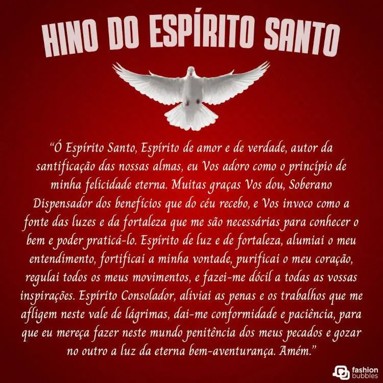 Cartão virtual de fundo vermelho com pomba da paz e hino do Espírito Santo