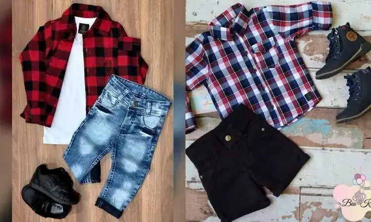 Foto de roupas modernas para festa junina: camisa xadrez preta e vermelha com blusa branca e calça jeans, ou camisa xadrez branca, vermelha e azul com bermuda preta