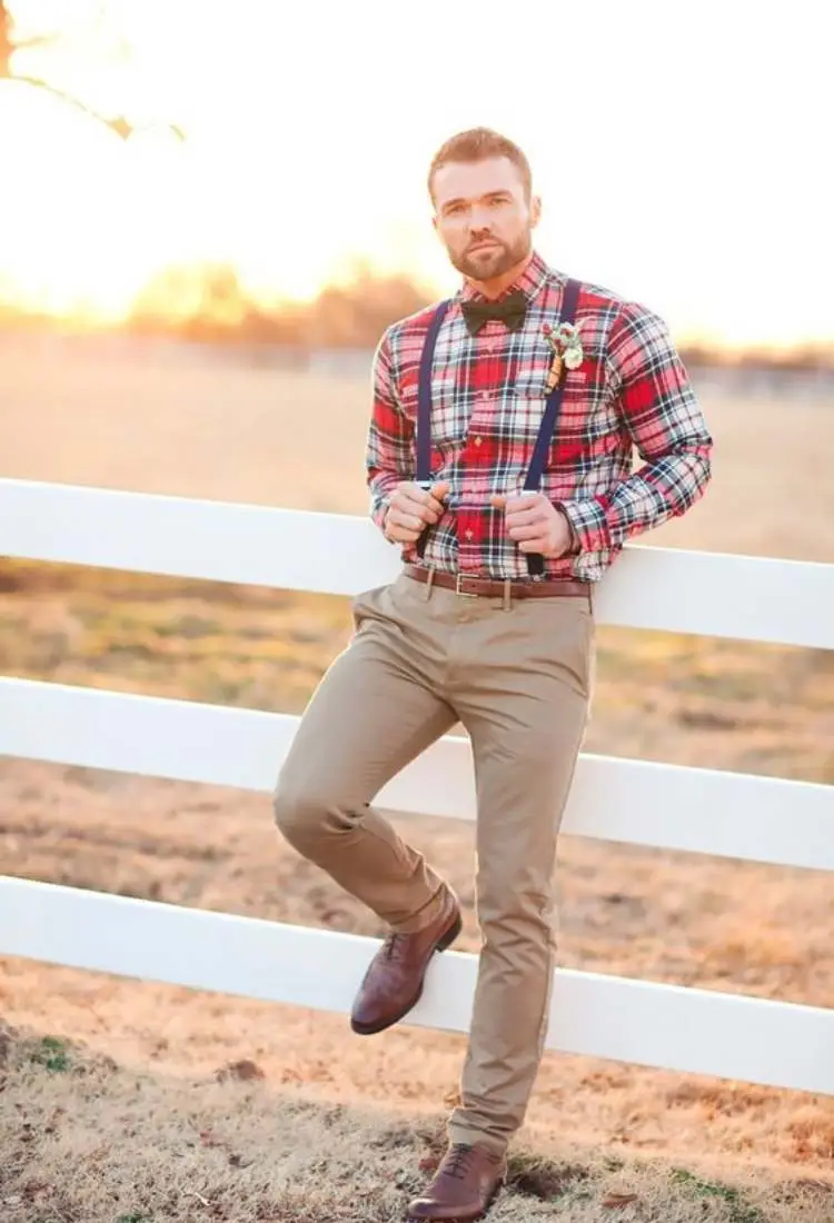modelo com look junino com suspensório + gravata borboleta: ideal para os noivos. Foto de modelo com look junino com suspensório + gravata borboleta: ideal para os noivos - Moda masculina de São João.