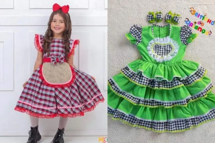 Foto de menina usando vestido xadrez vermelho e azul e outro vestido de festa junina para meninas em xadrez preto e branco e detalhes verdes