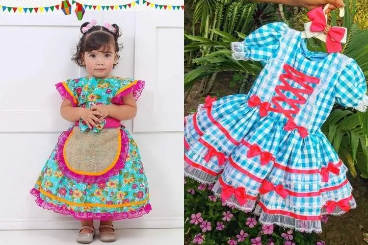 Foto de criança com vestido de festa junina azul e rosa, além de foto de vestido xadrez branco e azul
