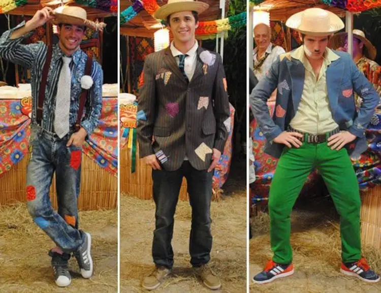 Parte de cima de look masculino de São João com retalhos - Montagem com 3 looks diferentes