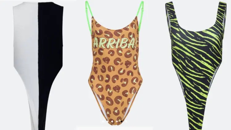 Montagem com 3 bodies de Carnaval da Renner: um branco e preto, um de onça escrito "arriba" e outro de zebra 