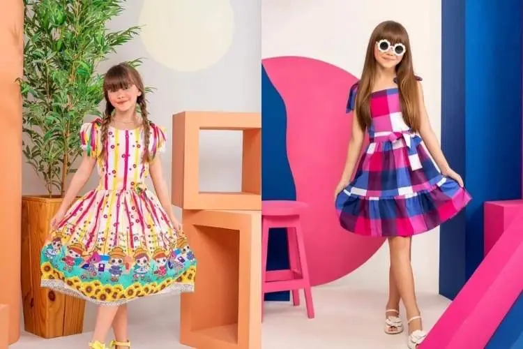 Fotos de modelo infantil com vestido xadrez e vestido com estampa junina