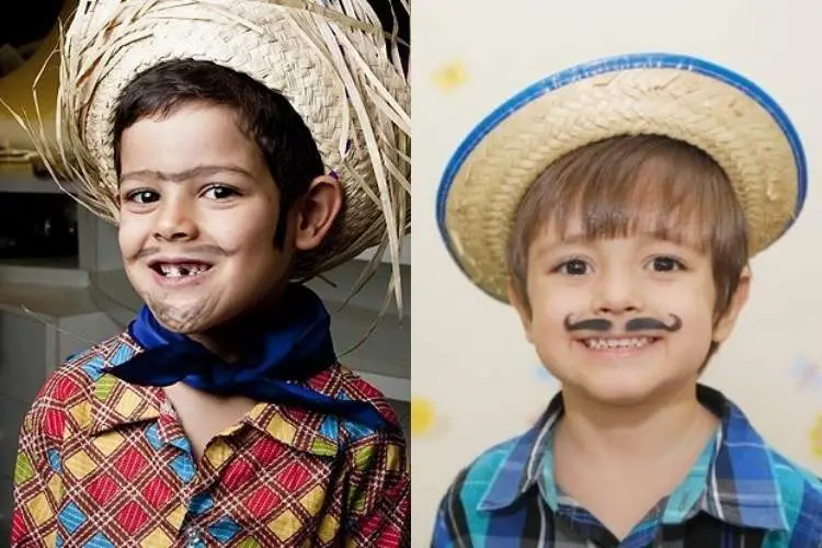 Montagem de 2 fotos: menino usando camiseta xadrez colorida, chapéu de palha, lenço no pescoço e desenho de sobrancelha unida, bigode e barda. Menino usando blusa xadrez azul, desenho de bigode e chapéu de palha