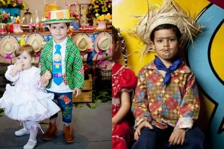 Foto crianças meninos com looks de festa junina tradicionais, com chapéu de palha, camiseta xadrez e calça jeans