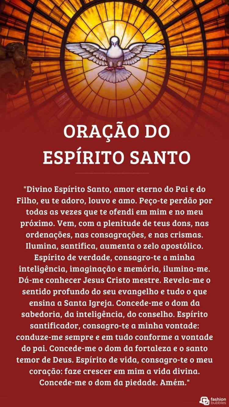 Cartão virtual vermelho com vitral do Espírito Santo e oração