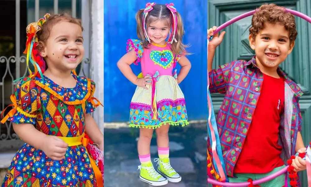 Fotos de duas meninas e um menino usando roupas de festa junina 