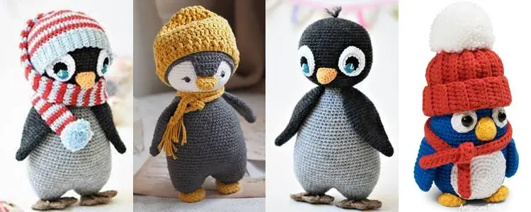 Foto de pinguins amigurumi.