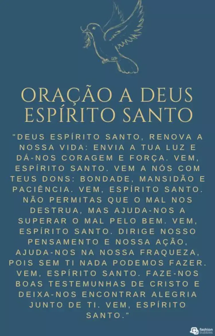 Cartão virtual de fundo azul com contorno de pombo e oração a Deus Espírito Santo