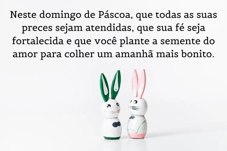 Foto de dois bonecos de coleho e frase: Neste domingo de Páscoa, que todas as suas preces sejam atendidas, que sua fé seja fortalecida e que você plante a semente do amor para colher um amanhã mais bonito.
