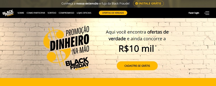 Página inicial do site Black Friday de Verdade, com foto de parede de tijolos à vista, com ícone de promoção e oferta de 10 mil reais 