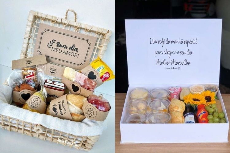Montagem com duas cestas de café da manhã, ambas com bilhetes românticos