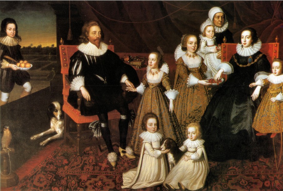 Pintura de Sir Thomas Lucy of Charlecote e sua família, incluindo meninos e meninas vestidos com a roupa infantil da época Quadro de Sir Thomas Lucy of Charlecote e sua família, incluindo meninos e meninas vestidos com a roupa infantil da época.