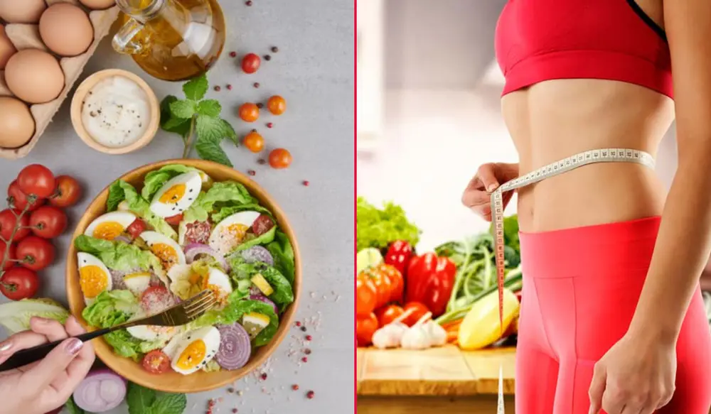Montagem com duas fotos. A primeira mostra mesa com ovos, tomate, mel e cebola. Além disso, há uma tigela com esses ingredientes em salada. A segunda mostra uma mulher de pele clara com top e calça vermelho e fita métrica na cintura. Ao fundo, mesa com verduras e legumes