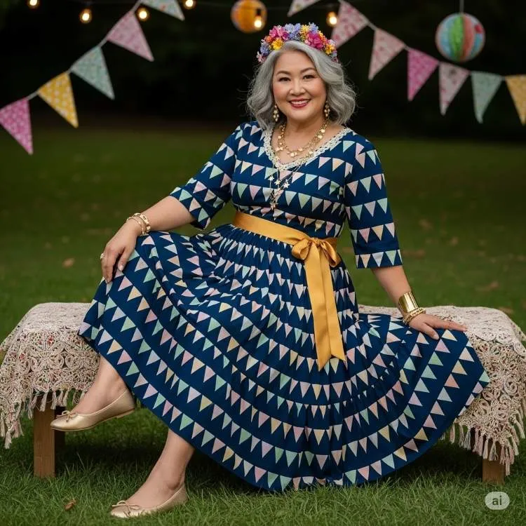 Uma mulher asiática de meia-idade com cabelos grisalhos e um sorriso caloroso está sentada em um banco coberto por uma toalha estampada. Ela veste um vestido azul com um padrão geométrico colorido e uma faixa dourada na cintura. A mulher usa brincos, colares e pulseiras douradas, além de uma coroa de flores coloridas na cabeça. O fundo mostra um gramado verde com luzes de festa e bandeirolas triangulares em tons pastel.

