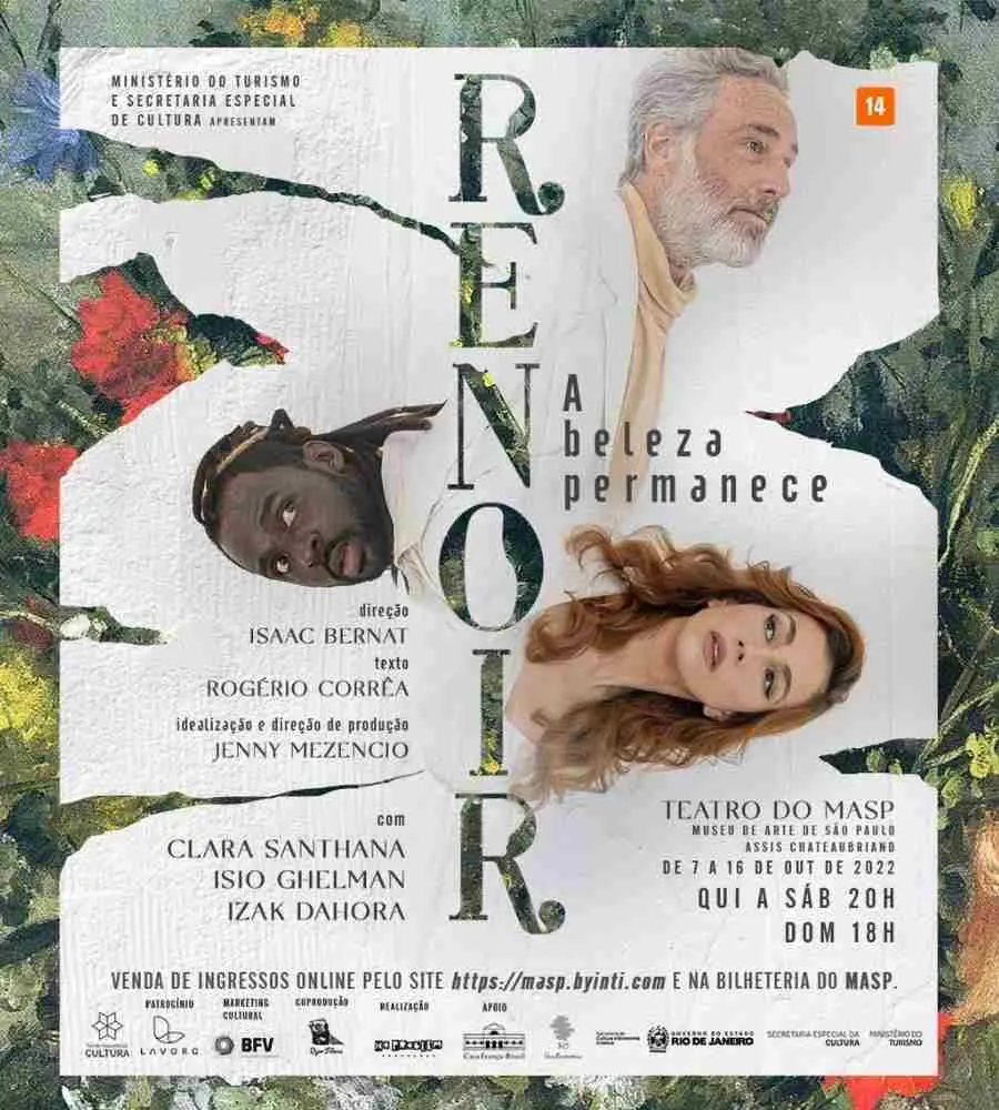 Cartaz da peça - foto das cabeças dos atores, com informações como data e elenco do espetáculo. 
