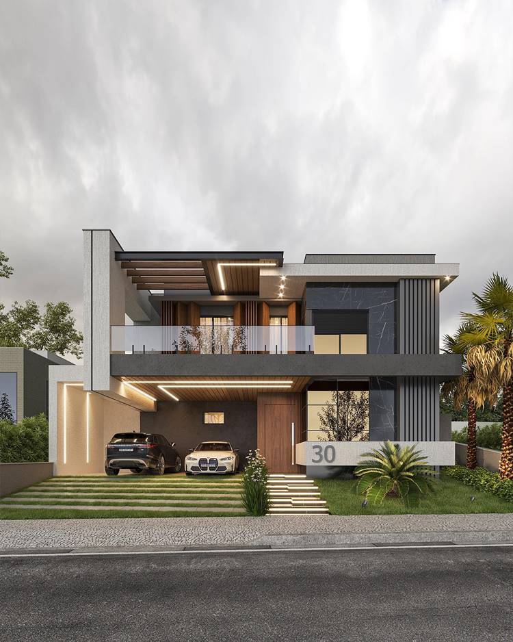 A imagem mostra uma casa moderna, com dois carros na garagem, um design arquitetônico contemporâneo e está numerada como 30. A casa tem tons de cinza e marrom, elementos de madeira e janelas grandes. Há palmeiras e outras vegetações ao redor da propriedade, adicionando ao seu apelo estético