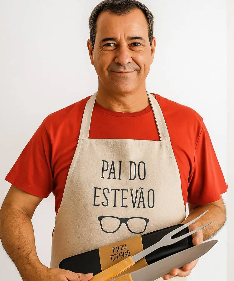 A segunda imagem retrata um homem de meia-idade, com um sorriso amigável, vestindo uma camiseta vermelha e um avental bege personalizado com a frase "PAI DO ESTEVÃO". Ele segura um conjunto de utensílios de churrasco, incluindo uma faca e um garfo trinchante.







