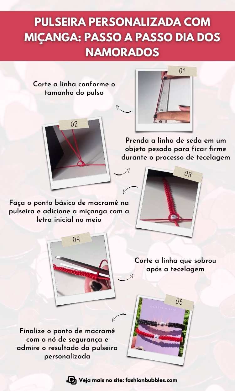 Montagem com passo a passo de 5 etapas como fazer pulseira personalizada Dia dos Namorados DIY