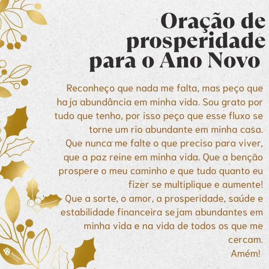 Ilustração em branco e dourado com a oração de prosperidade para o Ano Novo