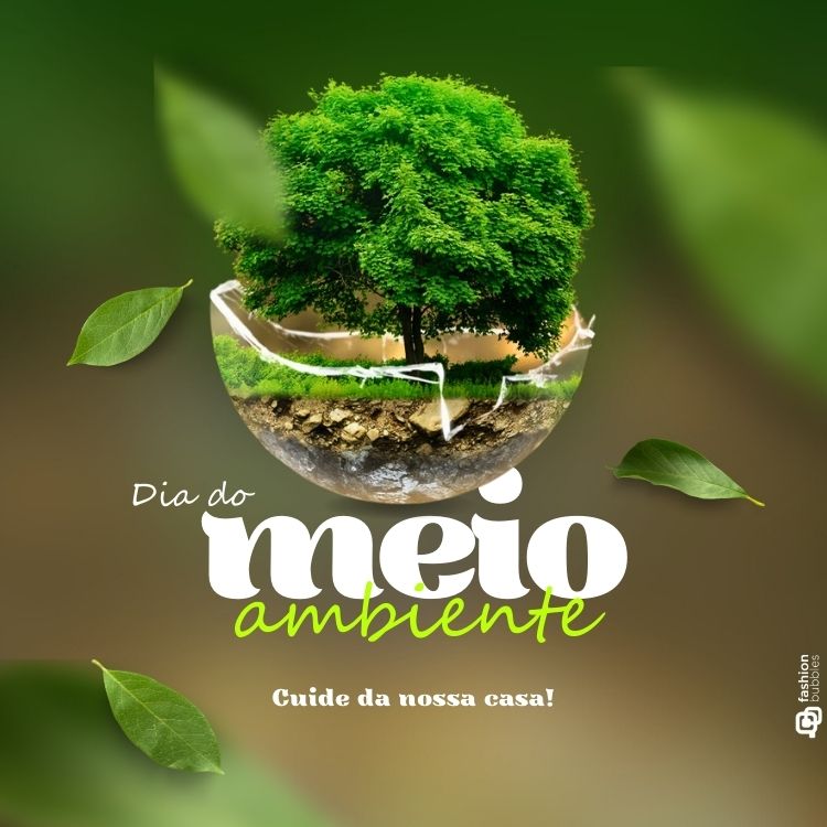 Imagem de um pequeno globo de vidro contendo uma árvore verde e terra, simbolizando a preservação ambiental. Folhas flutuam no fundo desfocado em tons de verde. Texto: "Dia do Meio Ambiente - Cuide da nossa casa!" em destaque.
