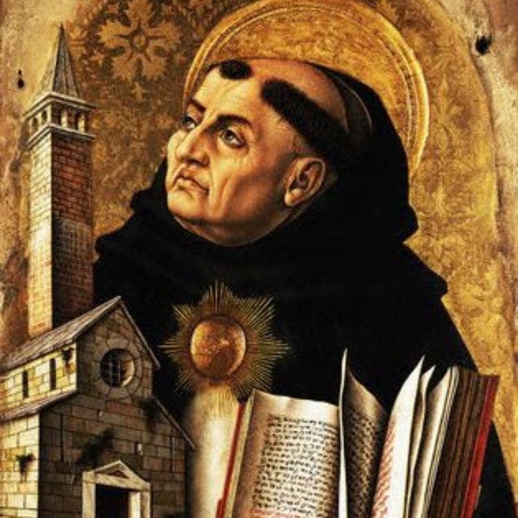 Pintura de São Tomás de Aquino ao lado de castelo e segurando livro
