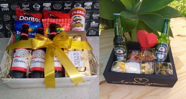 Duas opções de cesta com cerveja e petiscos