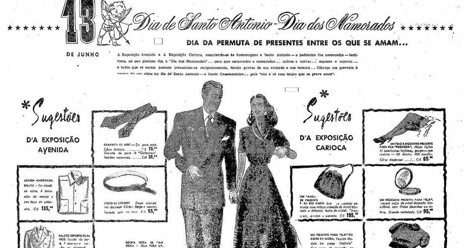 Publicidade antiga do Dia dos Namorados, com sugestões de presente e desenho de homem e mulher de mãos dadas ao centro