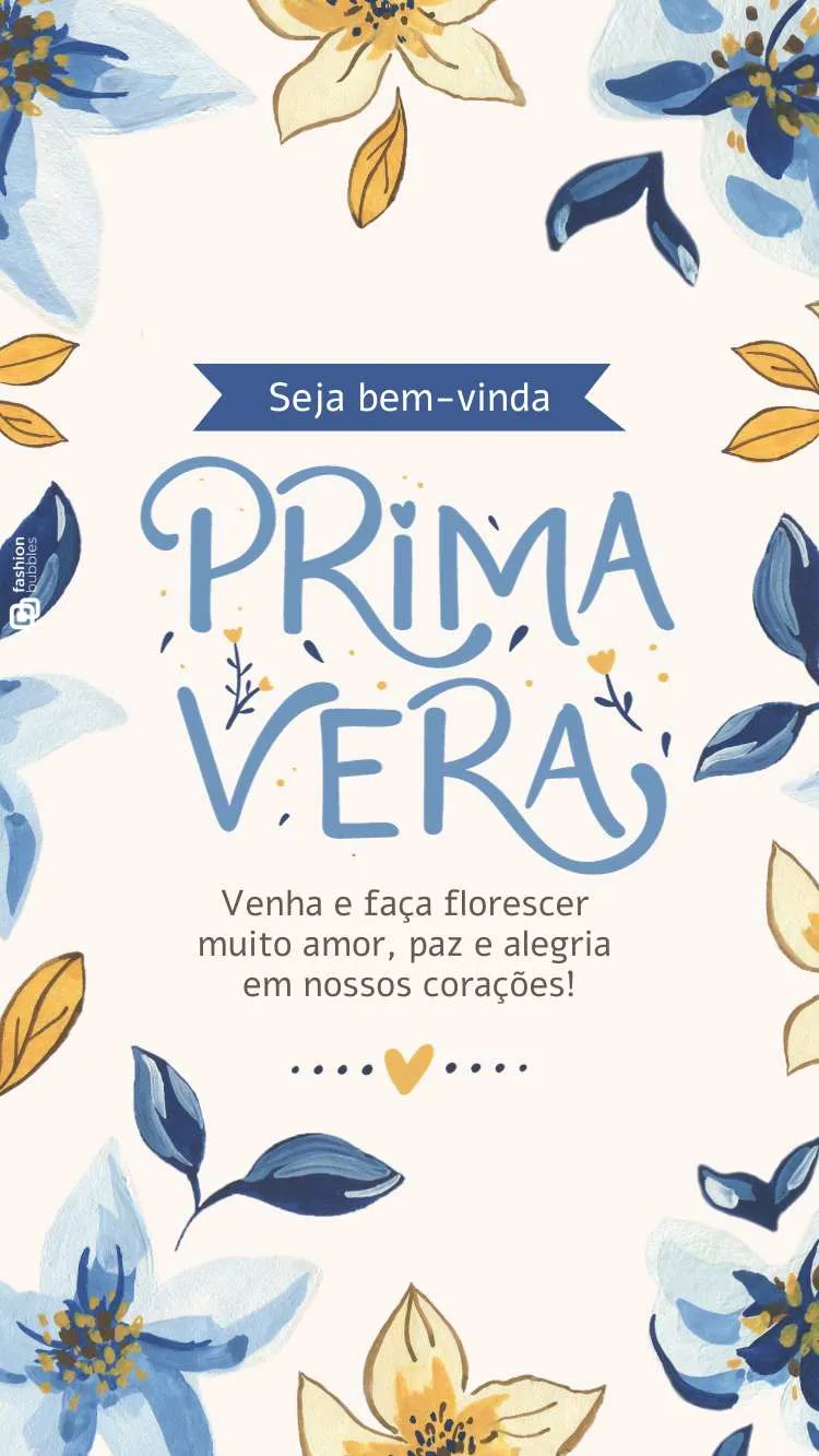 Frase sobre primavera escrita em fundo com flores de desenho azul e amarelo