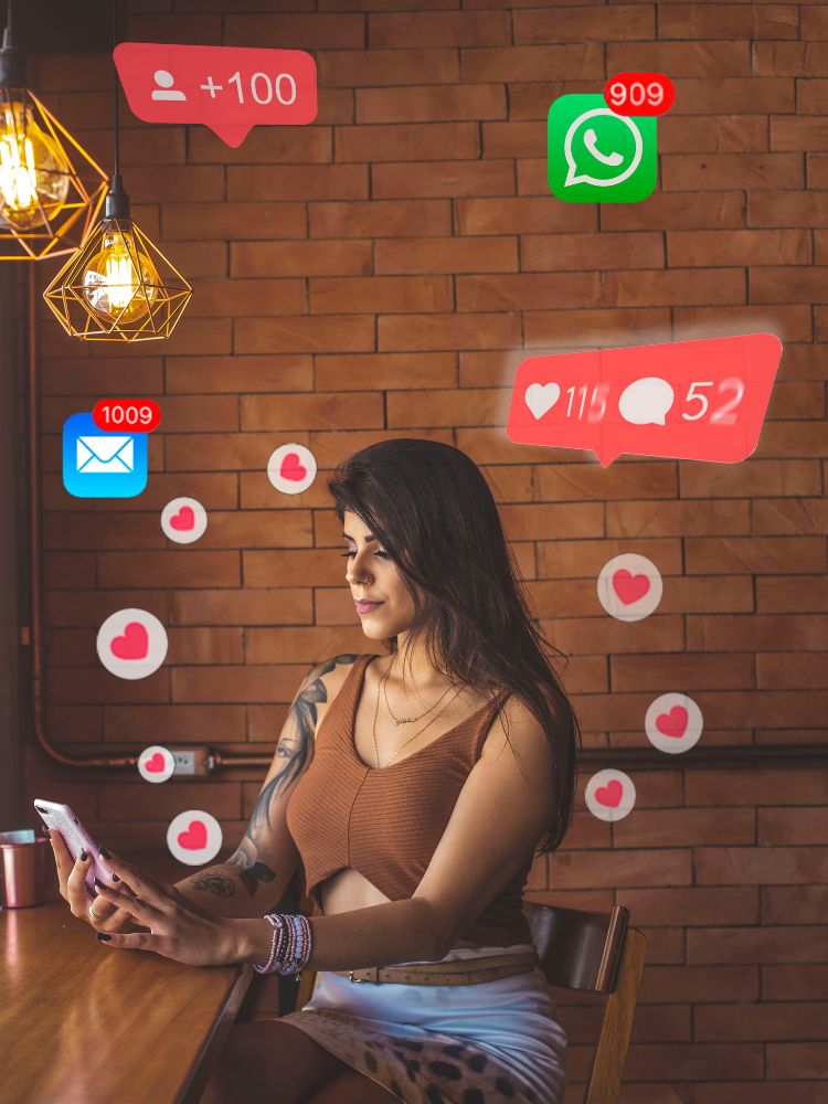 Mulher sentada em ambiente interno com parede de tijolos, segurando um celular. Ícones de notificações flutuam ao redor, representando curtidas, mensagens e seguidores. Ela usa uma blusa marrom, saia clara e apresenta tatuagens no braço.