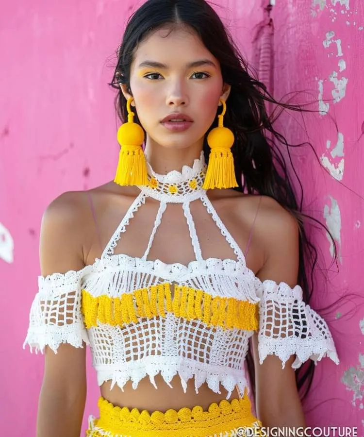 Uma modelo posa em um conjunto de crochê branco e amarelo. O top cropped com gola alta tem um decote halter e alças finas. A modelo usa brincos de tassel amarelos e sua maquiagem nos olhos é amarela, em frente a uma parede rosa.