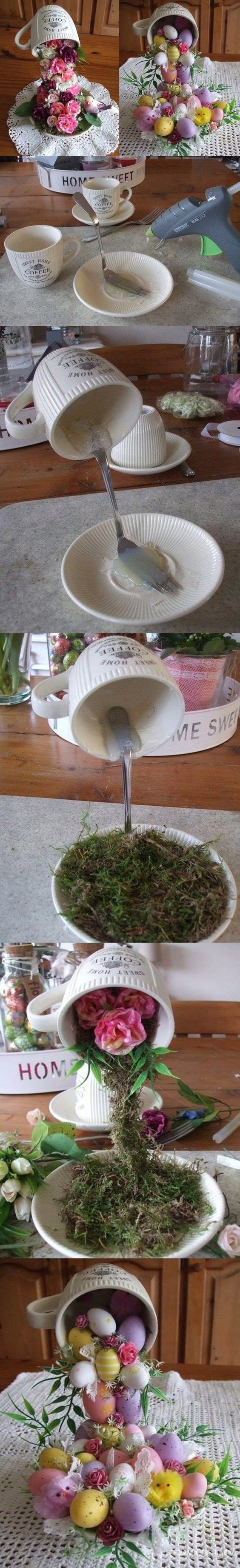 Passo a passo de xícara e pires enfeitados com plantas e ovos de Páscoa